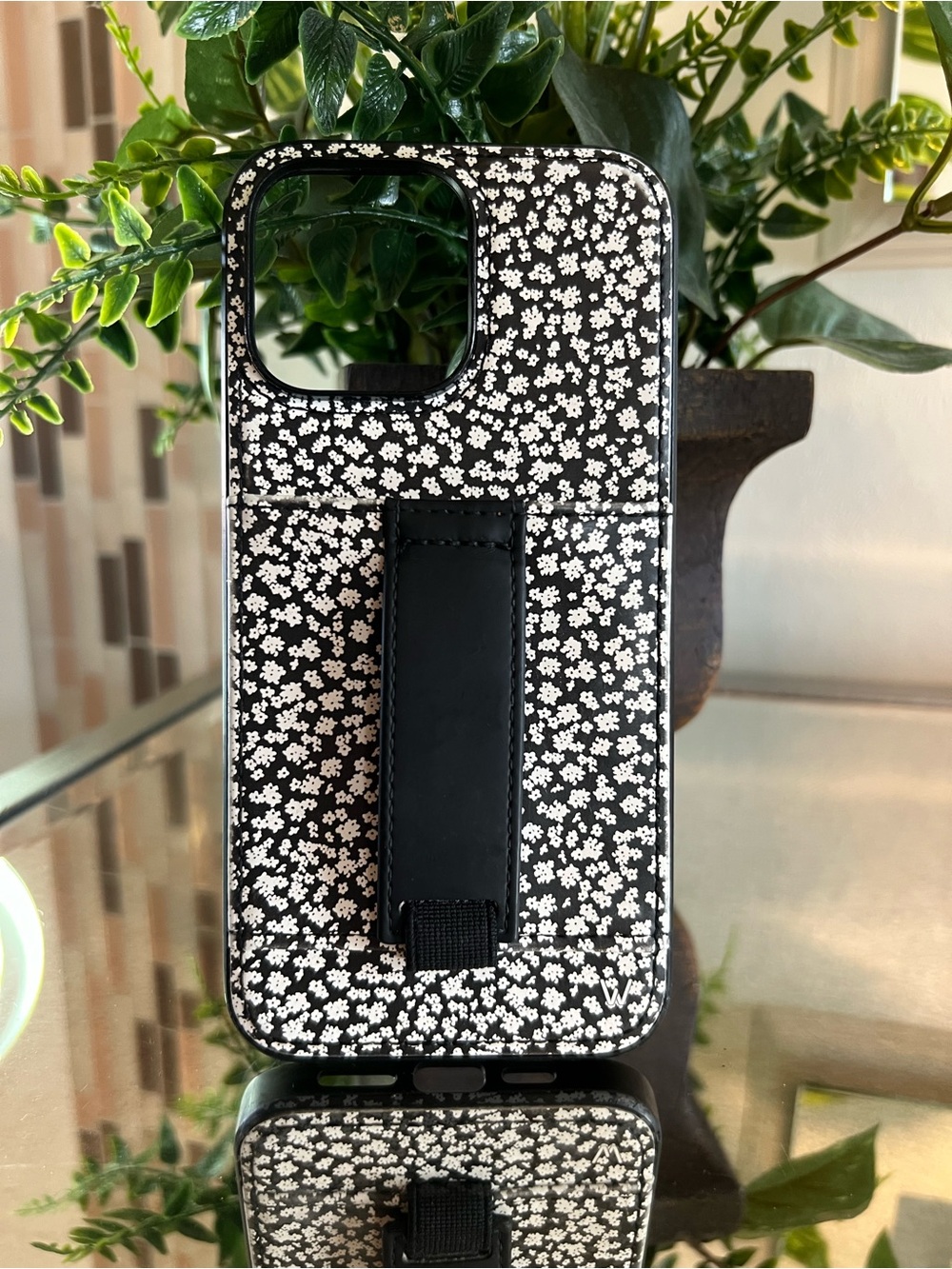 Wallis Phone Case with Hand Strap Black & White Floral.